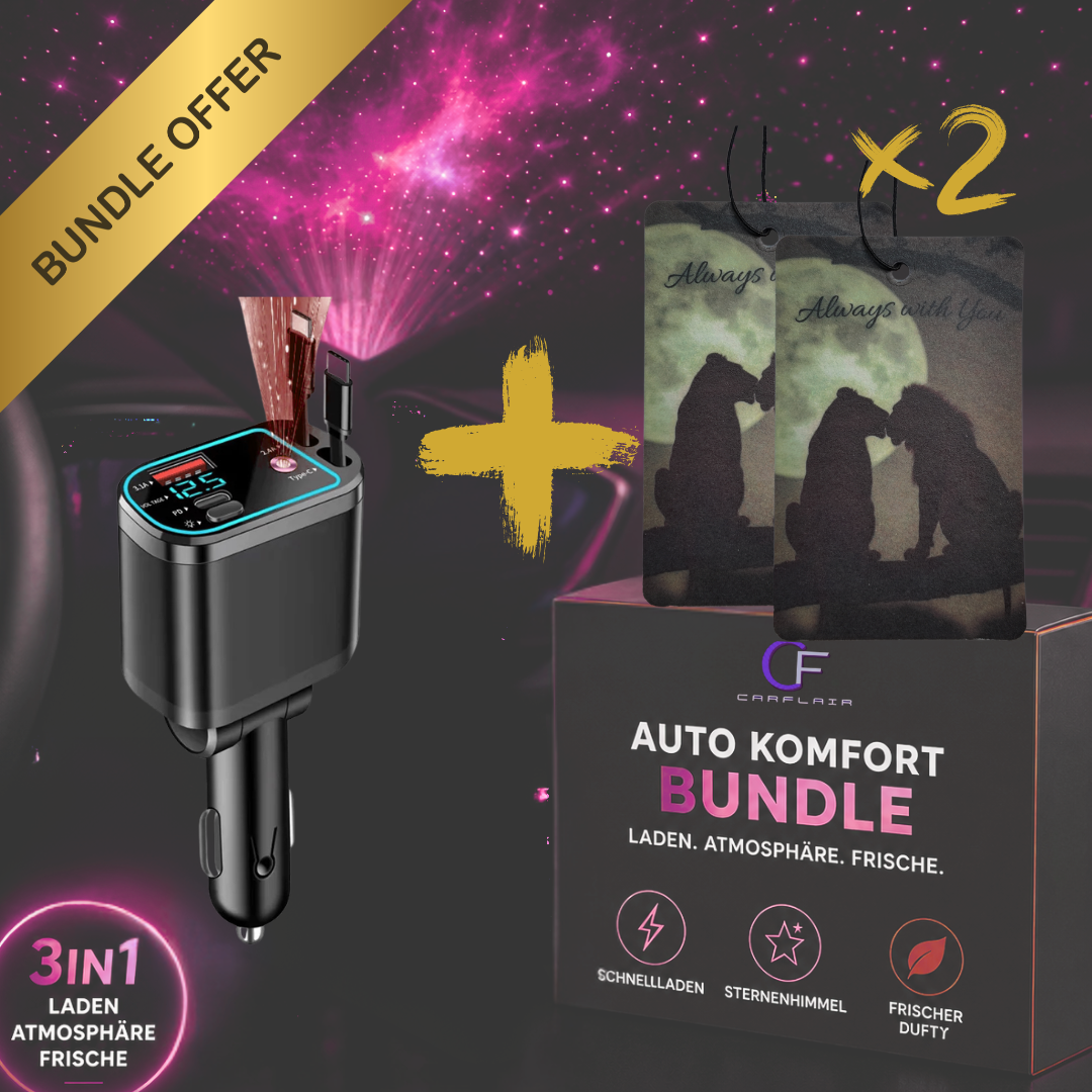 Bundleangebot: 5-in-1 Auto Zubehör – USB Kfz-Ladegerät/Sternenhimmel-Projektor &  2x Duftbaum