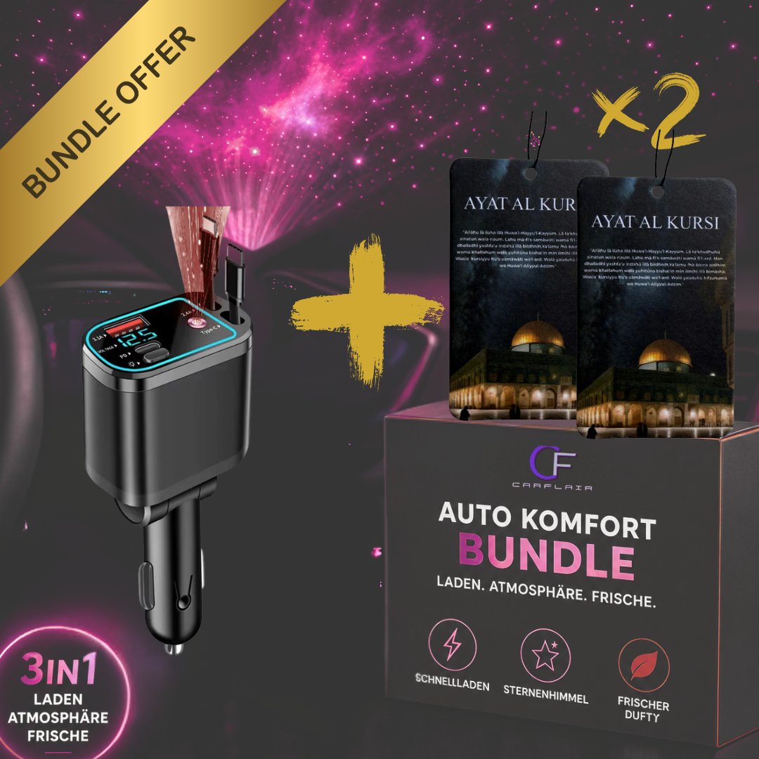 Bundleangebot: 5-in-1 Auto Zubehör – USB Kfz-Ladegerät/Sternenhimmel-Projektor &  2x Duftbaum