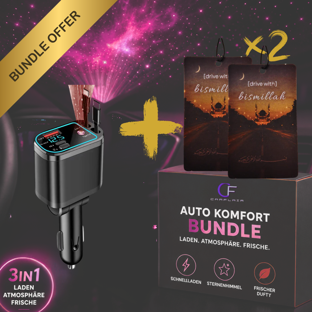 Bundleangebot: 5-in-1 Auto Zubehör – USB Kfz-Ladegerät/Sternenhimmel-Projektor &  2x Duftbaum