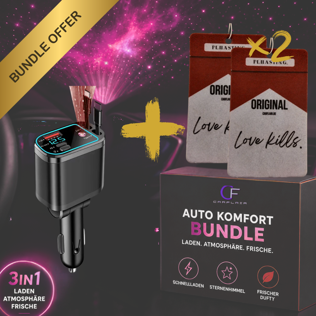 Bundleangebot: 5-in-1 Auto Zubehör – USB Kfz-Ladegerät/Sternenhimmel-Projektor &  2x Duftbaum