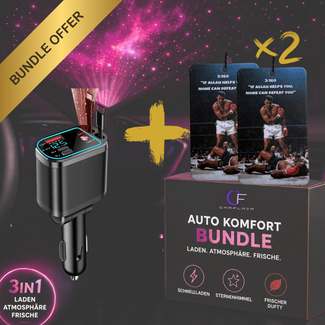 Bundleangebot: 5-in-1 Auto Zubehör – USB Kfz-Ladegerät/Sternenhimmel-Projektor &  2x Duftbaum